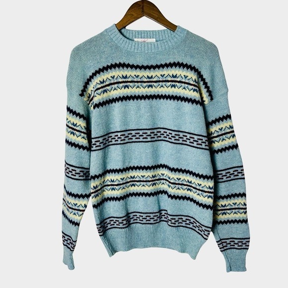 Vintage Jantzen Cabin Core Nordic Knit Sweater Blue Fair Isle Stripe Medium - Picture 2 of 9